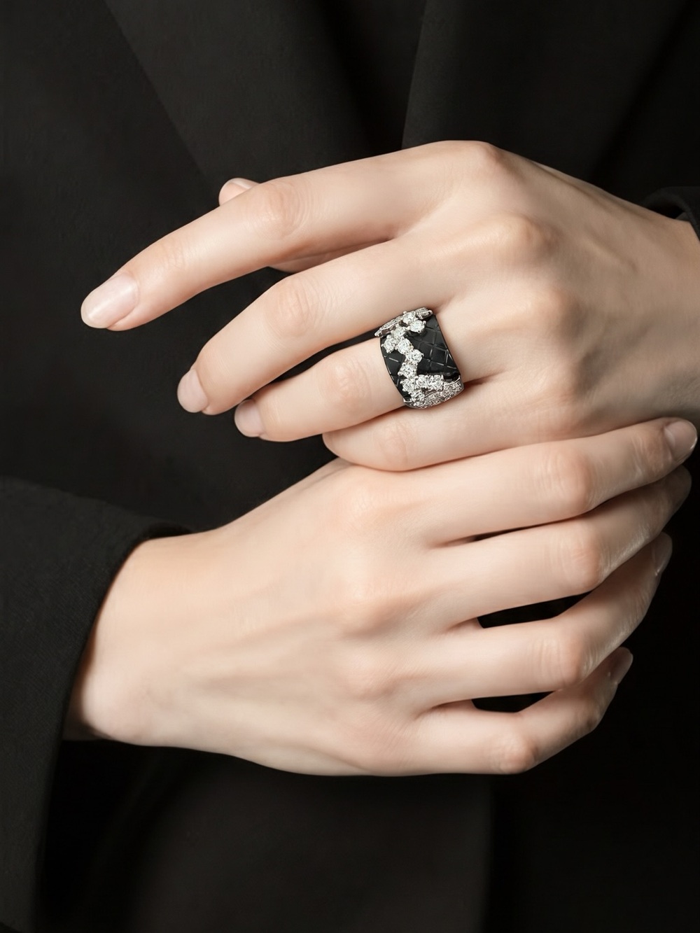 Camille Lucie Black and Silver Crystal Accent woman  Statement Ring